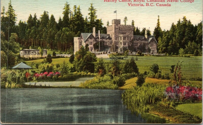 Hatley Castle Royal Canadian Naval College Victoria BC Canada Vtg Linen Postcard 