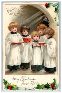 1906 Christmas Childrens Caroling Holly Berries Embossed Antique Postcard