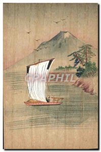 Postcard Old wooden boat Japan Nippon (hand painted)