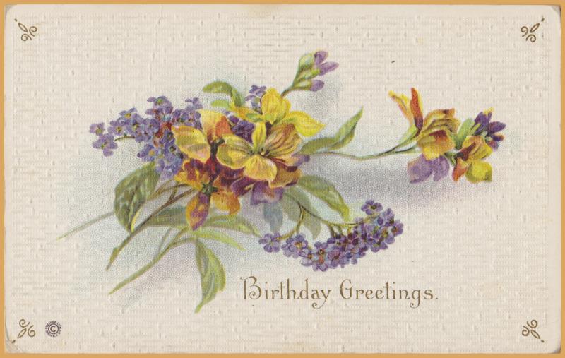 Vintage Birthday-Birthday Greetings Purple/Yellow flowers