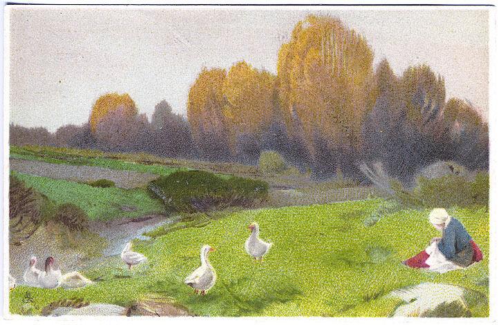 Tuck Chromograph Continental Series Woman Watching Geese in Field Postcard