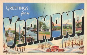 Greetings from Vermont, Winter Scene Curt Teich & Co. Linen Postcard