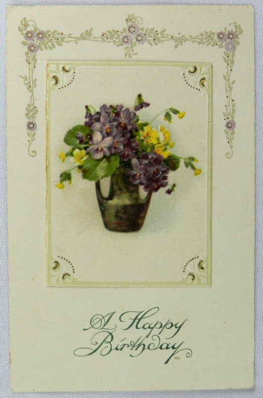 Double Handle Vase with Dark Purple and Bright Yellow Pansy- Vintage Postcard