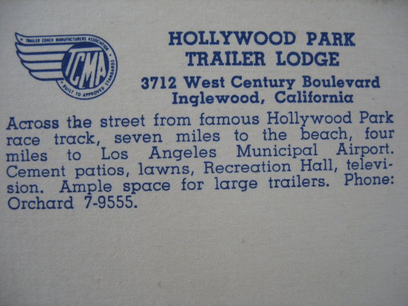 INGLEWOOD, CA ~ HOLLYWOOD PARK Trailer Lodge on W. Century Blvd. 1950s linen
