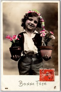 Bonne Fete Pretty Young Lady Holding Two Vase With Flowers Postcard