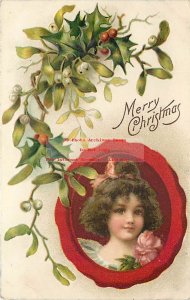 Christmas, Unknown Pub, Frances Brundage, Girl Holding Rose Under Mistletoe