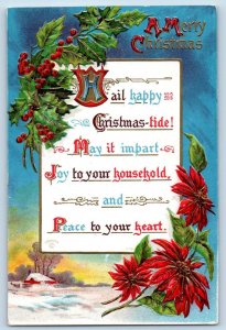 Christmas Postcard Holly Berries Poinsettia Flowers Embossed Crookston MN 1910