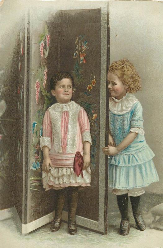 Vintage chromo card victorian girls hyde and seek game chinese painted paravane