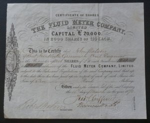 The Fluid Meter Co. Ltd. £10 share certificate dated 1870