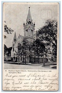 1906 Highland Baptist Church Building Destroyed By Fire Springfield MA Postcard