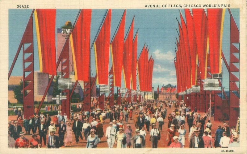 1933 Chicago Expo Avenue of Red Flags Linen Postcard