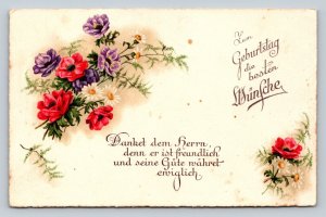 c1938 Red & Purple Flowers Best Wishes for Your Birthday Vintage Postcard 1055