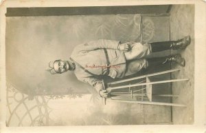 Military French Soldier Leaning on Stool, RPPC