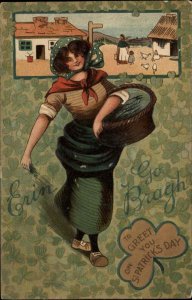 St. Patrick's Day Beautiful Irish Woman with Basket c1910 Vintage Postcard