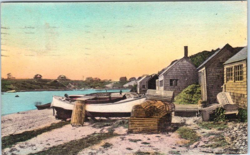 CHATHAM, Cape Cod,  MA  Handcolored  MILL POND  Fishermen's Huts  1935  Postcard