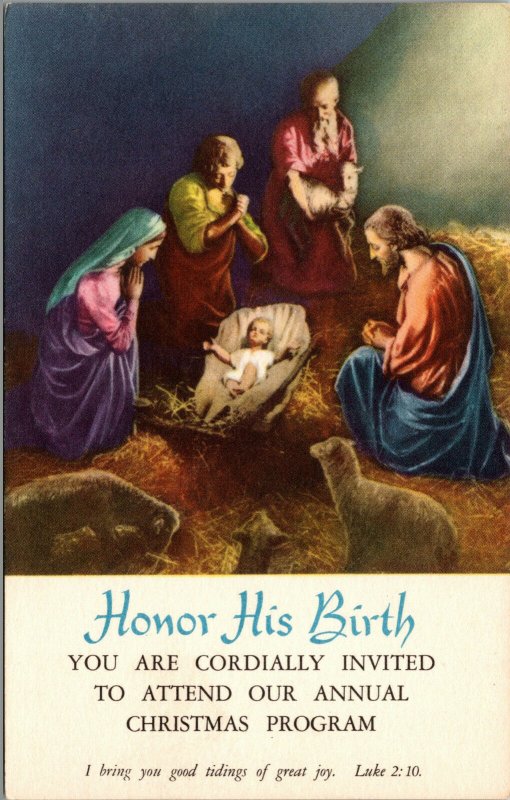 Vtg Jesus In Manger Christmas Program Invitation Honor His Birth Unused Postcard