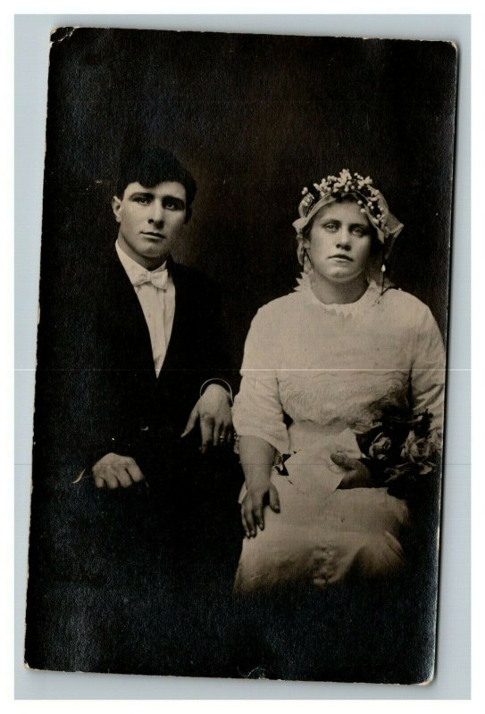 Vintage 1910's RPPC Postcard - Studio Portrait Newlyweds Woman in Gown NICE