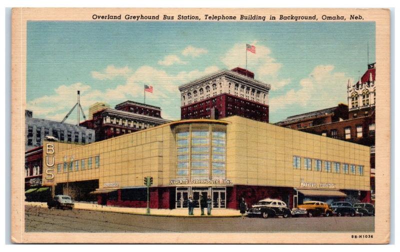 Mid-1900s Overland Greyhound Bus Station, Telephone Building, Omaha, NE Postcard