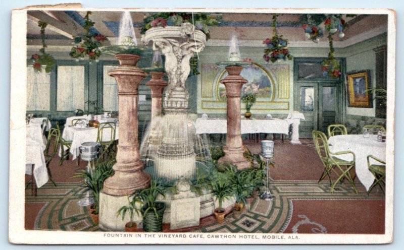 MOBILE, AL Alabama ~  CAWTHON HOTEL Vineyard Cafe Fountain 1912 Detroit Postcard