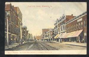 WATERLOO IOWA DOWNTOWN 4th STREET SCENE STORES IA. VINTAGE POSTCARD 1908