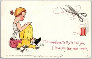 1907 Young Woman Love Sew, Sew Much, E. Curtis Signed Artist, Vintage Postcard