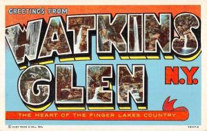 Watkins Glen New York Greetings Large Letter Linen Antique Postcard K23570