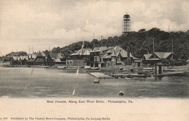 Vintage Postcard 1900's Boat Houses Along East River Drive Philadelphia