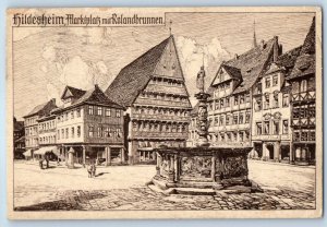 Lower Saxony Germany Postcard Hildesheim Market Square with Roland Fountain 1928