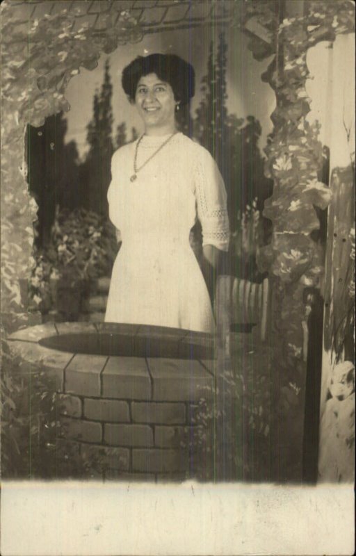 Kregel Minneapolis Photo Studio Woman Wishing Well Prop Real Photo Postcard 