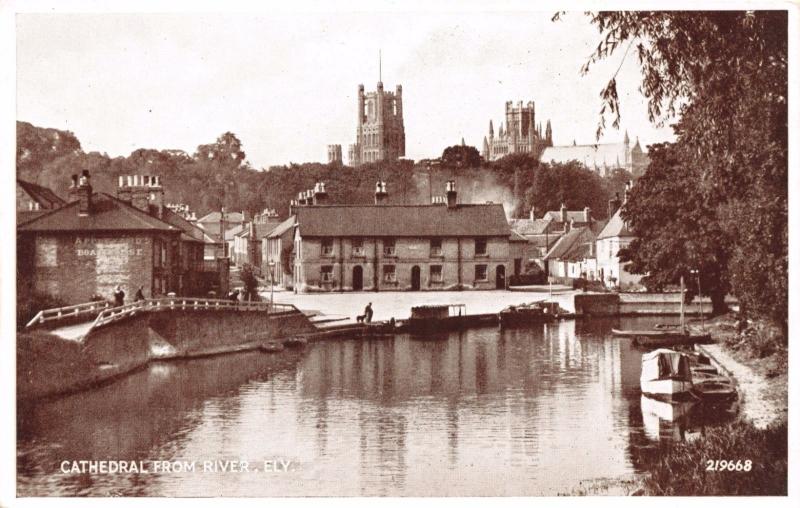 ELY CAMBRIDGESHIRE UK CATHEDRAL FROM RIVER PHOTO BROWN POSTCARD
