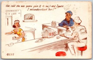 COMIC 1950s Postcard Diner Waitress Truck Stop She Said She Was Going To Give