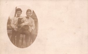 Vintage Postcard Twin Brothers Siblings Black Pet Dog Photograph