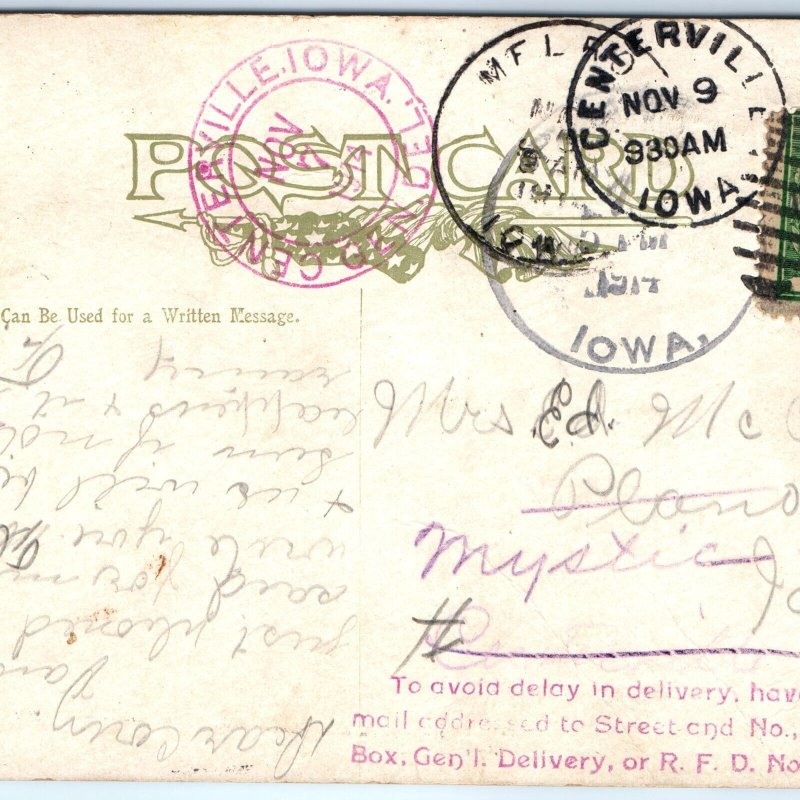 1914 Centerville, IA Gen Del Cancel Stamp Error Wrong Town Address Mystic A67