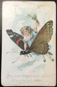 Postcard Tuck’s Embossed Used Butterfly/Girl “Thoughts of you” KS LB