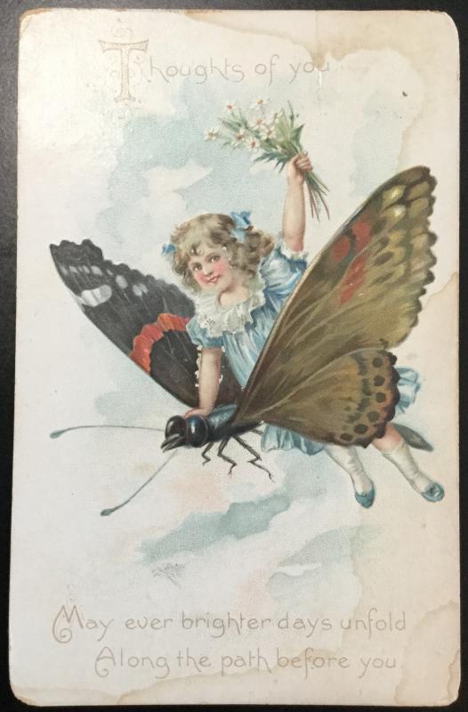 Postcard Tuck’s Embossed Used Butterfly/Girl “Thoughts of you” KS LB