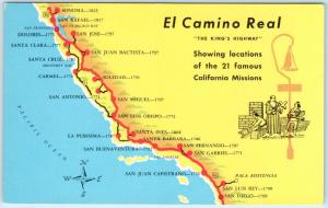 EL CAMINO REAL The Kings Highway CA   MAP of the MISSIONS  ca 1950s  Postcard