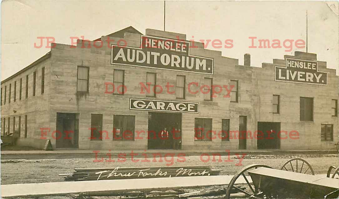 MT, Three Forks, Montana, RPPC, Henslee Auditorium Garage & Livery