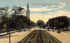 Milwaukee Wisconsin 1910s Postcard Grand Avenue Jesu Church Streetcars