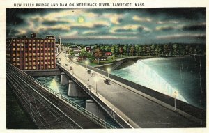 Vintage Postcard 1938 New Falls Bridge & Dam on Merrimack River Lawrence MA