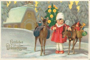 B572 German Christmas greetings fantasy old postcard drawn girl deer & toys 1936