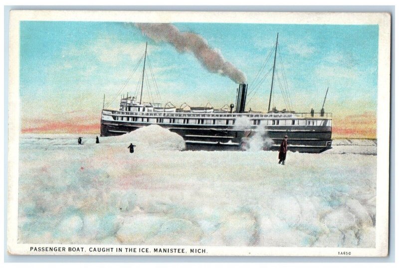 1937 Passenger Boat Caught In The Ice Manistee Michigan MI Vintage Postcard