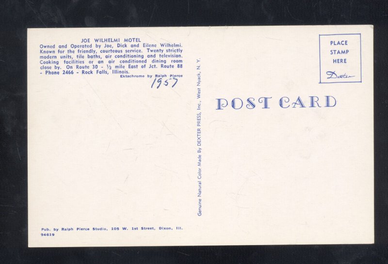 ROCK FALLS ILLINOIS JOE WILHELMI MOTEL INTERIOR VINTAGE ADVERTISING POSTCARD