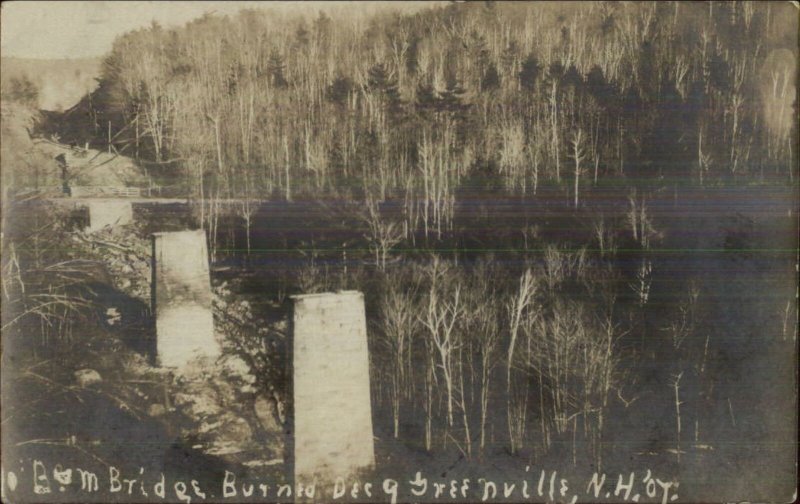 Greenville NH RR Train Bridge Burned c1910 Real Photo Postcard