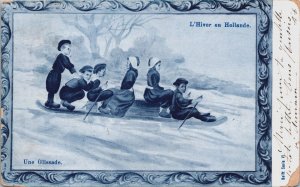 Happy New Year Children Holland In The Snow Sled Vintage Postcard C194