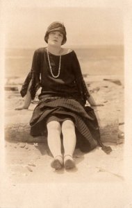 Beautiful Lady Sitting On Beach Real Photo