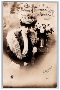 H. Manuel Artist Signed Postcard RPPC Photo New Year Pretty Woman Flowers France