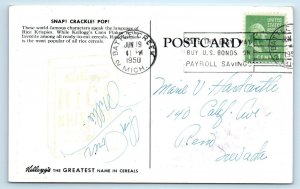 BATTLE CREEK, MI ~ Rice Krispies SNAP, CRACKLE, & POP 1950 Advertising Postcard