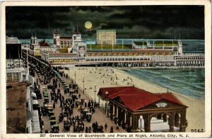 View of Boardwalk and Piers at Night Atlantic City NJ c1921 Vintage Postcard G31