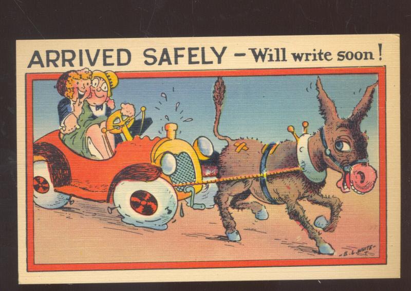 ARRIVED SAFELY WILL WRITE SOON DONKEY DRAWN CAR VINTAGE COMIC POSTCARD