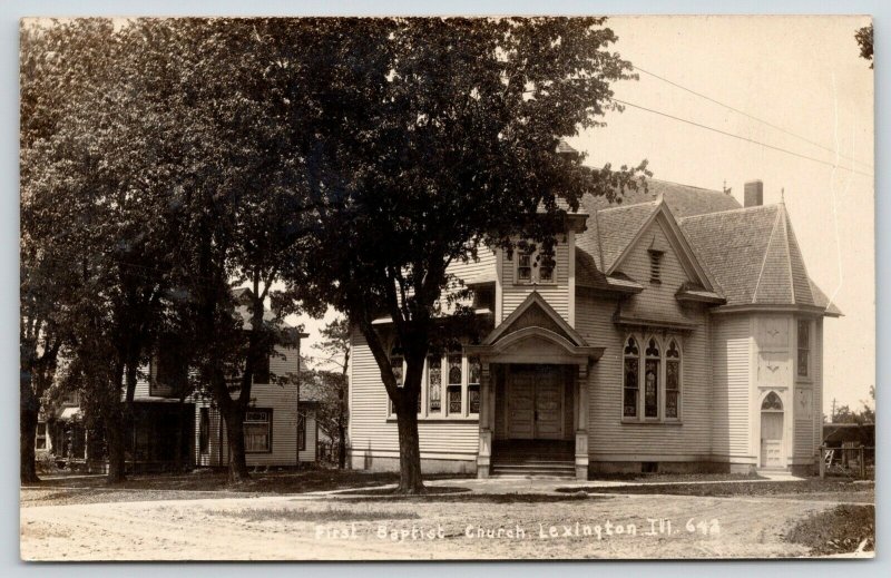 Lexington Illinois~First Baptist Church~Victorian House Under Tree~1909 RPPC